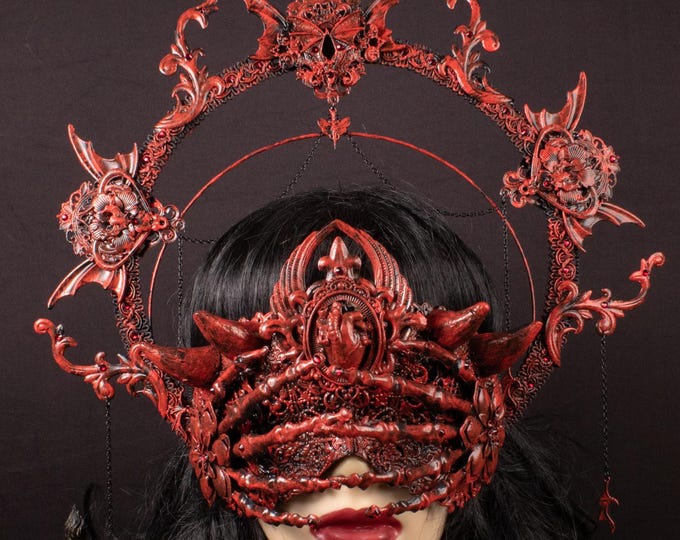 CUSTOM ORDER Set "Baroque Holly Heart" - blind mask & halo headpiece - gothic, cosplay, fantasy