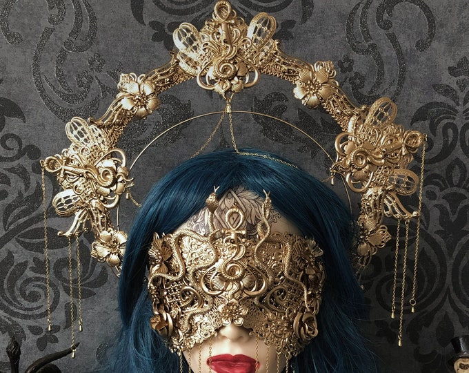 CUSTOM ORDER Set Medusa snake "Cleopatra's Pharaoh" blind mask & halo headpiece - gothic, cosplay, shaman, gorgon, fantasy