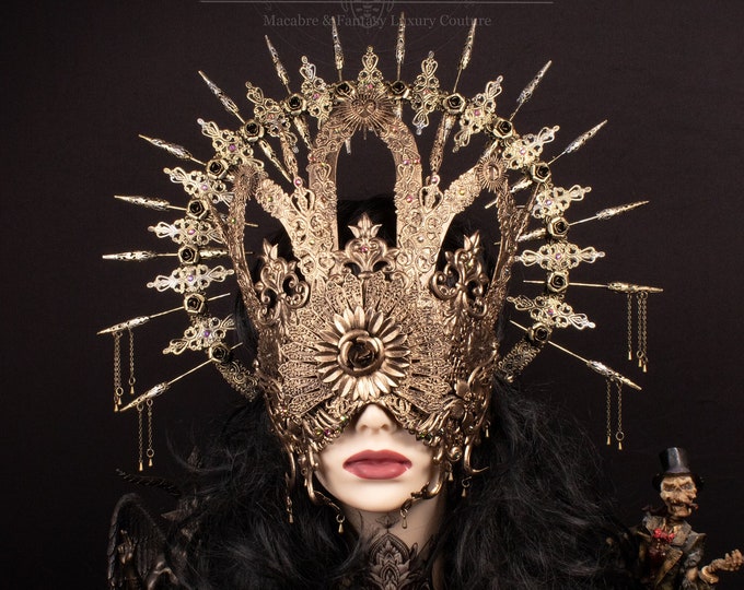 CUSTOM ORDER Set cathedral blind mask & sunburst halo headpiece "Veritas ii" - gothic, cosplay, fantasy