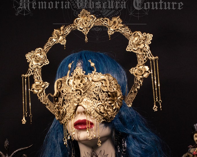 CUSTOM ORDER Set Medusa snake "Medusa Queen" halo headpiece & blind mask - gothic, cosplay, fantasy, shaman, gorgon