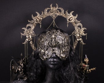 pagan cosplay shama fantasy gothic Gothic fantasy set Mothecy consisting blind mask and halo headpiece voodoo witch moth vikings