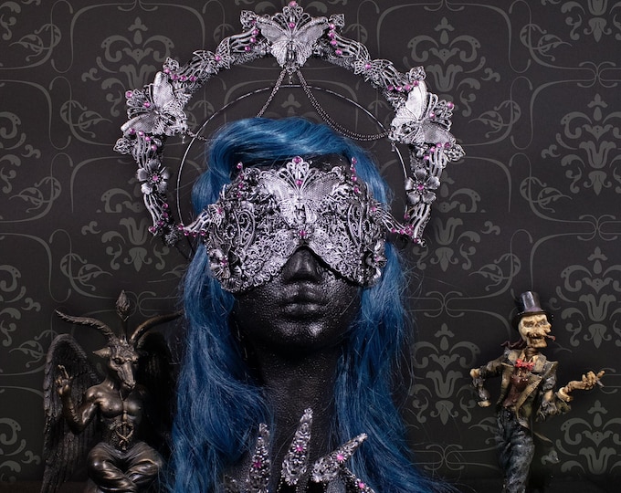 CUSTOM ORDER Set "Butterfly" halo headpiece, blind mask & claws - gothic, fantasy, fairytale, cosplay