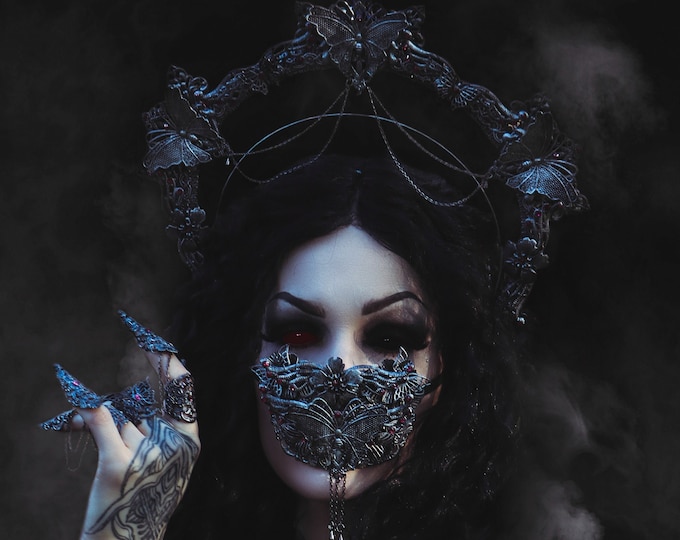 CUSTOM ORDER Set "Butterfly II" halo headpiece, mouthpatch & metal claws - gothic, cosplay, fantasy