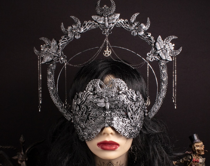 CUSTOM ORDER Set "Mothecy" blind mask & halo headpiece . gothic, cosplay, fantasy