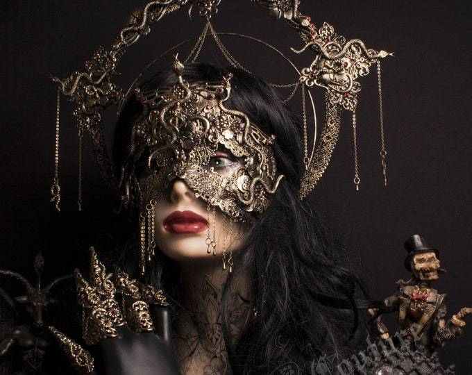 CUSTOM ORDER Medusa snake set - halo headpiece, mask & metal claws "Medusa II" - gothic, cosplay, pagan, fantasy