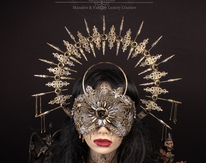CUSTOM ORDER Set "Pepper I" - halo blind mask & sunburst halo headpiece - gothic, cosplay, fantasy