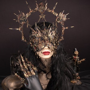 CUSTOM ORDER Set "Twilight" - blind mask, halo headpiece & metal claws - gothic, cosplay, fantasy