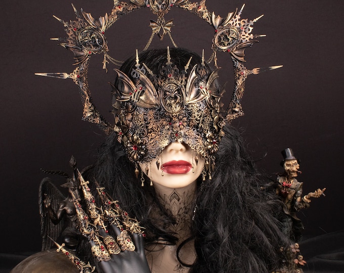 CUSTOM ORDER Set "Twilight" - blind mask, halo headpiece & metal claws - gothic, cosplay, fantasy