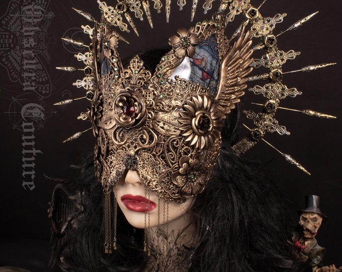 CUSTOM ORDER Set "Phoebe" - cathedral stainedglass blind mask & halo headpiece - gothic, cosplay, fantasy