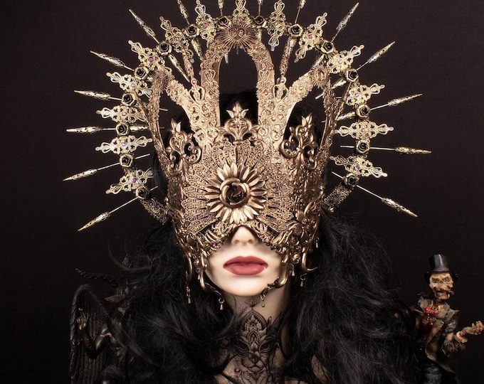 CUSTOM ORDER Set cathedral blind mask & sunburst halo headpiece "Veritas ii" - gothic, cosplay, fantasy