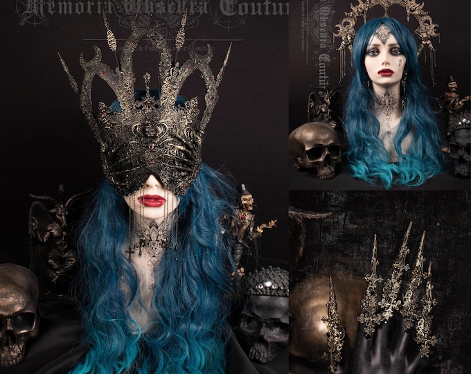 CUSTOM ORDER Set cathedral blind mask, finger claws & halo headpiece "Memento Mori" - gothic, cosplay, fantasy