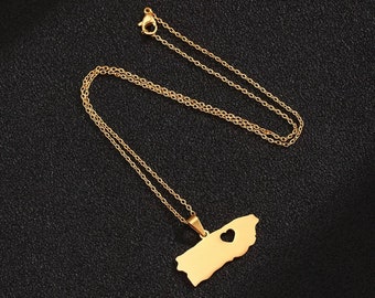 Stainless Steel Puerto Rico Map & Heart Pendant (Yellow Gold or Silver)
