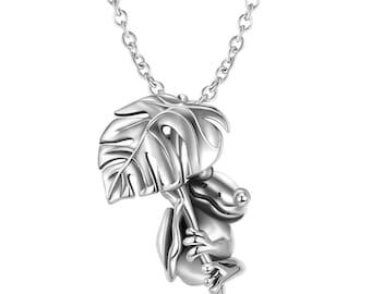 Colgante de Plata de Ley 925 Rana Puertorriqueña en Hoja de Palma / Colgante Plata Esterlina 925 Coqui en Hoja de Palma