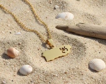 Colgante de acero inoxidable con mapa de Puerto Rico y coquí taíno (oro amarillo o plata)