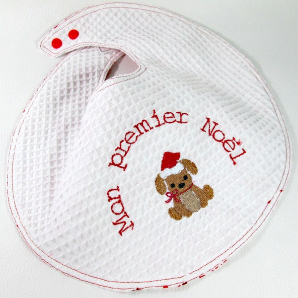 Bavoir bébé brodé mon 1er Noël broderie personnalisé prénom confectionné en nid d'abeille doublé coton