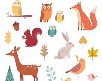 Forest animals clip art images , woodland animals digital illustrations, fox clipart, squirrel, deer,owl, commercial use – instant download