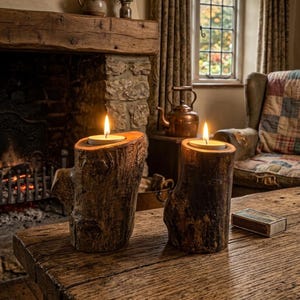 May include: Two cylindrical candle holders crafted from natural tree logs with rough, textured bark exteriors. Each holder features a flat top surface with a circular cutout containing a small, lit white tea light candle, casting a warm glow.