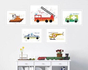 Emergency Vehicle Prints | Colorful Kids Room Wall Art
