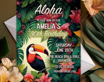 Tropical / Exotic Personalised Party invitation - Fully customisable | Tiki / Polynesian / Toucan - PERSONALISED DIGITAL FILE