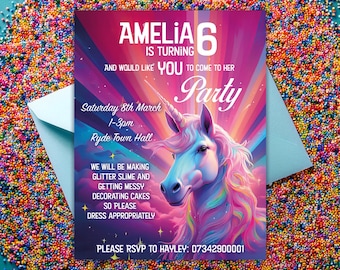 Unicorn invitation / Girls Personalised Party invitation - Fully customisable | pink / sparkles