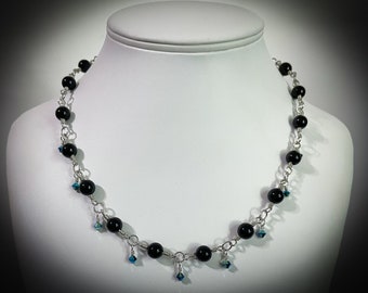 Black Onyx and Swarovski AB crystal Wire-wrapped Statement Necklace