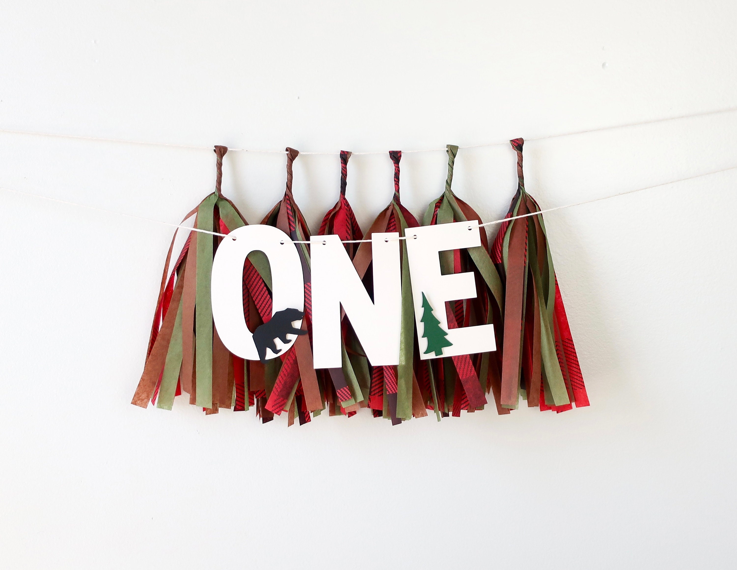 Lumberjack High Chair Banner Mini Tassels Happy Camper Bear Buffalo Plaid First Birthday Garland Sign Photo BackDrop