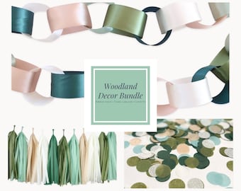 Woodland Decor Bundle | Woodland Birthday Decor | Boho Wedding | Baby in Bloom Shower | Greenery Bridal Shower | Garland, Tassels + Confetti