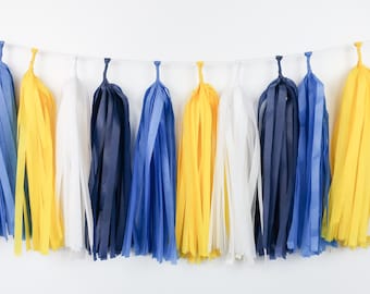 Yellow Blue Tassel Garland Pre-made or DIY Kit- Football - Birthday Party - Baby Shower - Photo Backdrop - Banner - Basketball