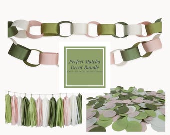 Perfect Matcha Decor Bundle | Cactus Baby Shower |Sage Green + Pink Birthday Decor | Palm Springs Bachelorette | Garland, Tassels + Confetti