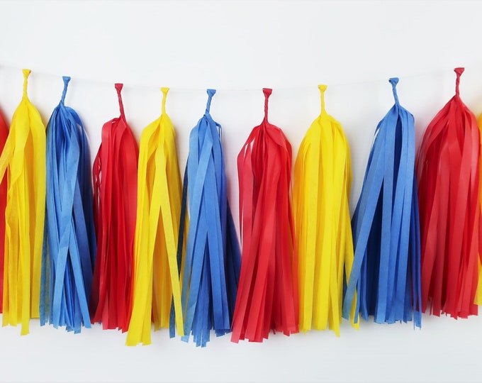 Superhero Tassel Garland | Party Decoration | DIY Kit or Pre-Made | Tissue Paper