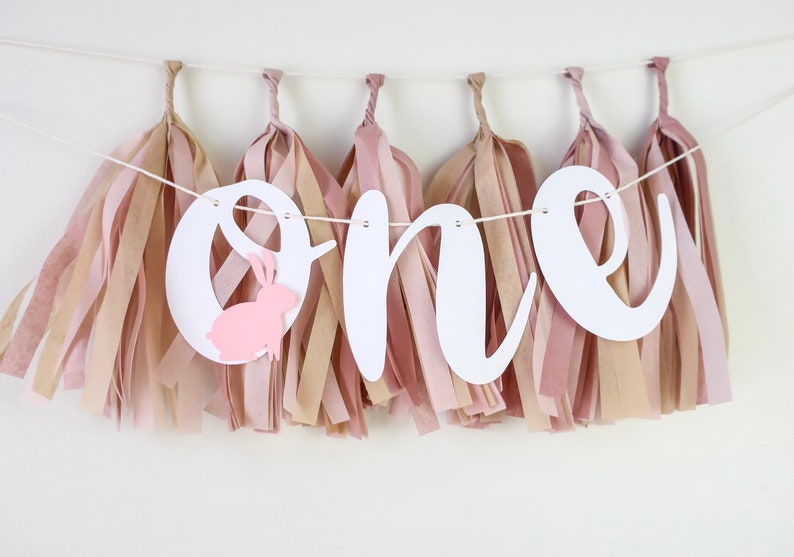 May include: A white banner with the word "one" in cursive script, decorated with pink and beige tissue paper tassels. A pink bunny cutout is attached to the "o".