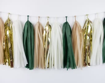 Hunter Green Gold Tassel Garland | Party Decoration | DIY Kit or Pre-Made | Tissue Paper