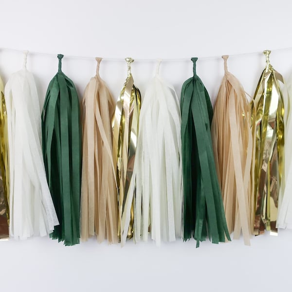 Hunter Green Gold Tassel Garland | Party Decoration | DIY Kit or Pre-Made | Tissue Paper