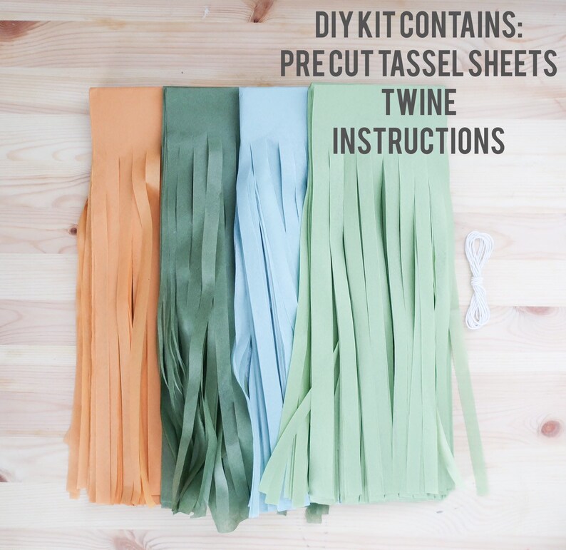 May include: DIY kit for making tassel garlands. The kit includes four pre-cut tassel sheets in orange, green, light blue, and green, twine, and instructions.