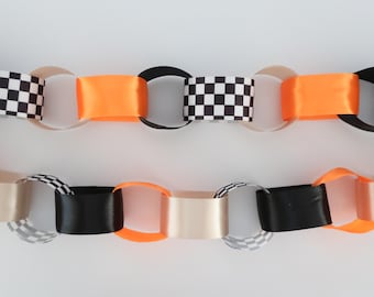 Checkered Satin Ribbon Chain Garland | Retro Party Decor | Race Car Birthday | Two Fast Party | Halloween Decor | Orange + Black Decor