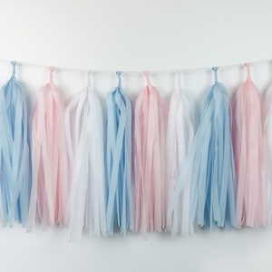 Blue Pink White Tassel Garland Pre-Made or DIY Kit - Gender Reveal - Birthday Party - Baby Shower - Boy Girl Twins - Pink Blue - Banner