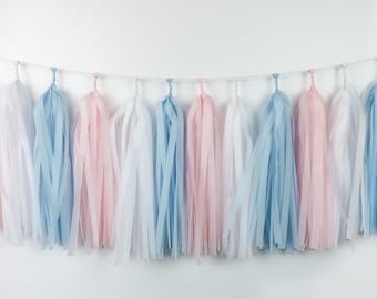 Blue Pink White Tassel Garland Pre-Made or DIY Kit - Gender Reveal - Birthday Party - Baby Shower - Boy Girl Twins - Pink Blue - Banner