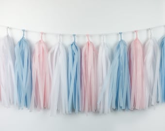 Blue Pink White Tassel Garland Pre made or DIY Kit Gender Reveal