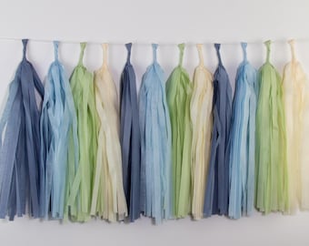 Sage Green + Dusty Blue Tassel Garland | Garden Party Decor | Baby Shower | Bridal Shower | Blue + Green Birthday | Party Backdrop |Baby Boy