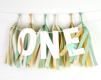 Retro Surf High Chair Banner + Mini Tassels - Surfing - Wave - Muted Neutral - Photo Backdrop - Big One First Birthday