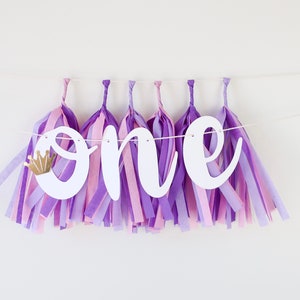 Princess High Chair Banner + Mini Tassels - Crown - pink + purple - First Birthday - One - Fairytale - Photo BackDrop
