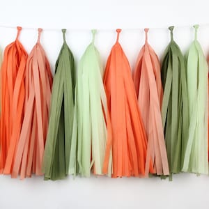 May include: A garland of tissue paper tassels in shades of green, peach, and orange. The tassels are strung together with white string.
