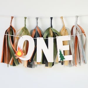 One Happy Camper High Chair Banner + Mini Tassels - National Park - Camp - Birthday Party - Garland - Sign - Photo BackDrop - Bear