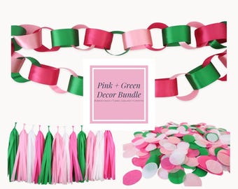 Pink + Green Decor Bundle | Girl Golf Birthday ParTee | Drivers + Diapers Baby Shower | Palm Bach or Bridal | Garland, Tassels + Confetti