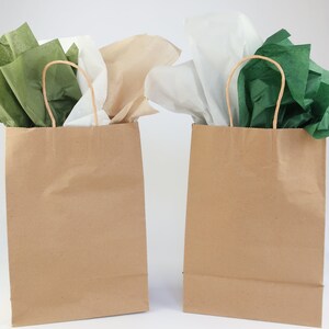 May include: Two brown paper gift bags with handles. The bag on the left has green and white tissue paper inside. The bag on the right has green and white tissue paper inside.