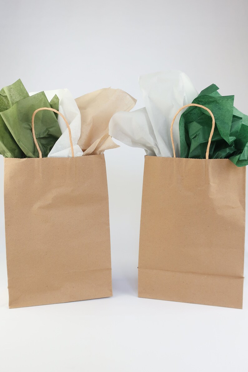 May include: Two brown paper gift bags with handles. The bag on the left has green and white tissue paper inside. The bag on the right has green and white tissue paper inside.