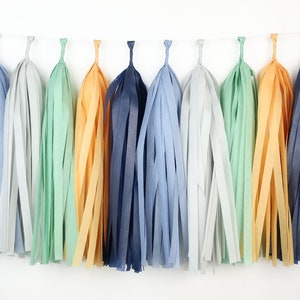 May include: A garland of tissue paper tassels in shades of blue, green, and orange. The tassels are strung together on a white string.