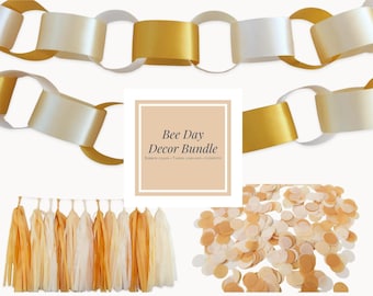 Bee Day Decor Bundle | Bee Birthday Party Decorations | Baby Bee Shower Decor | First Birthday | Ribbon Chain, Tassel Garland & Confetti