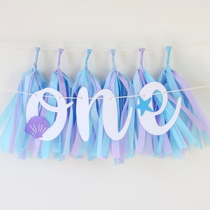 Mermaid High Chair Banner + Mini Tassels - Sea - Blue + Purple - First Birthday - Photo BackDrop