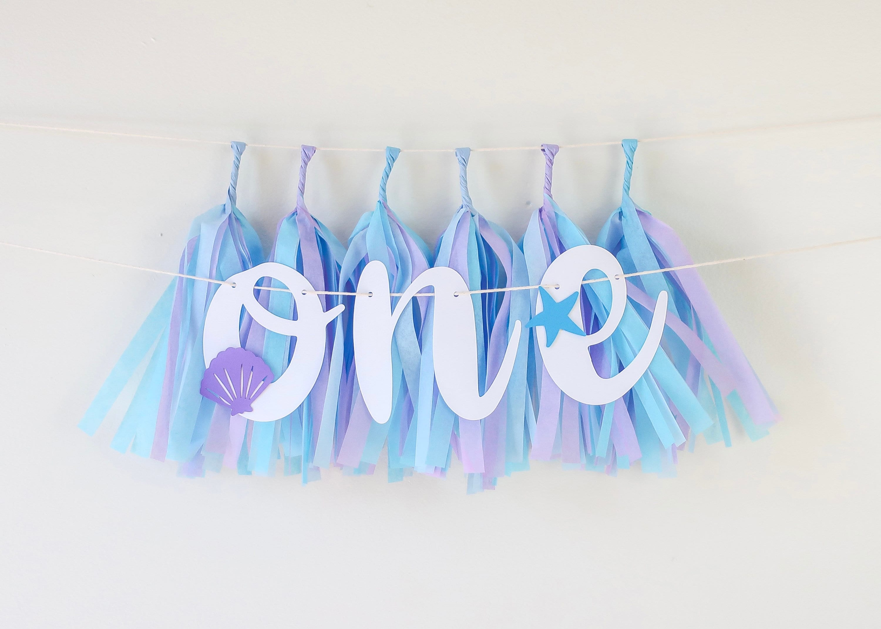 Mermaid High Chair Banner + Mini Tassels - Sea - Blue + Purple - First Birthday - Photo BackDrop